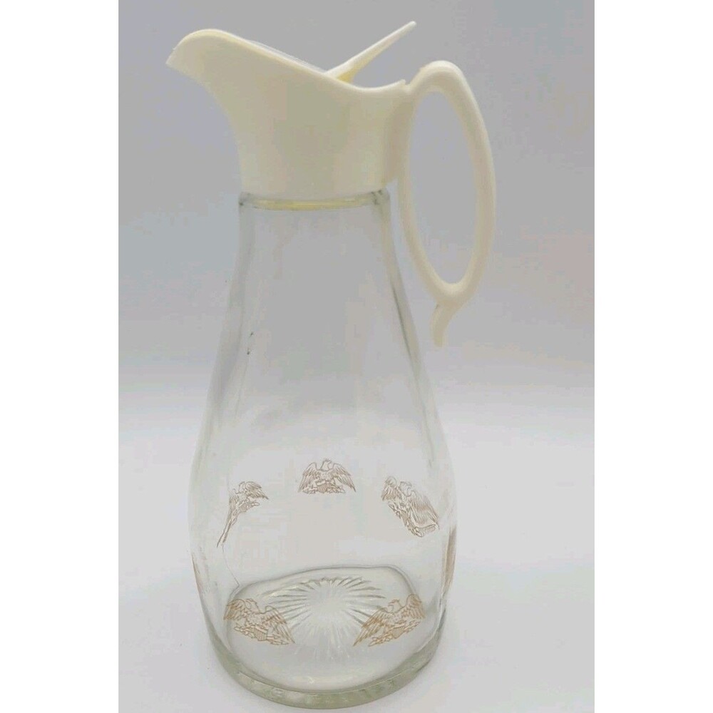VtG 1970’s LOG CABIN Glass Maple Syrup Dispenser Pitcher GOLD EAGLE Motif -B18
